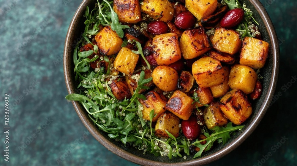 Roasted Butternut Squash and Quinoa Salad with Cranberries in Rustic Bowl Roasted Butternut Squash and Quinoa Salad with Cranberries in Rustic Bowl