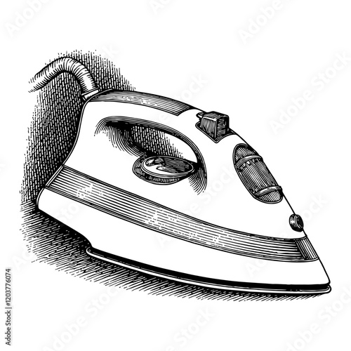 Detailed Old Clothes Iron Object with Black and White Outline Line Art Drawing Engraving