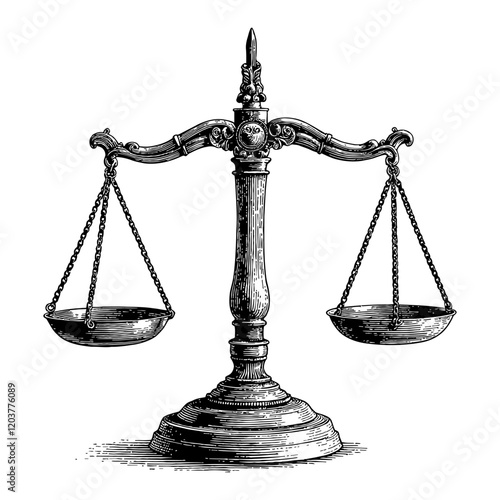 Detailed Antique Scale Justice Symbol Vintage Black and White Outline Line Art Drawing