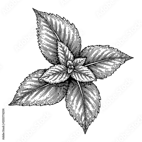 Mint Leaf Top View Detailed Black and White Outline Line Art Drawing
