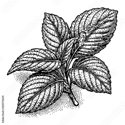 Mint Leaf Branch Black and White Outline Line Art Drawing with Detail Isolated Object