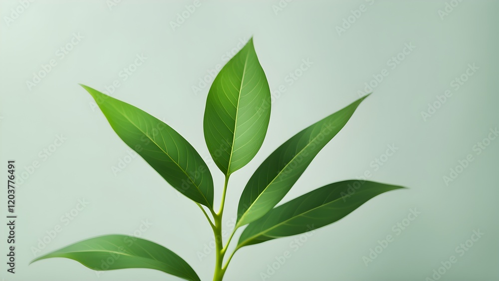 Close-up of vibrant green leaves against a soft mint green background.