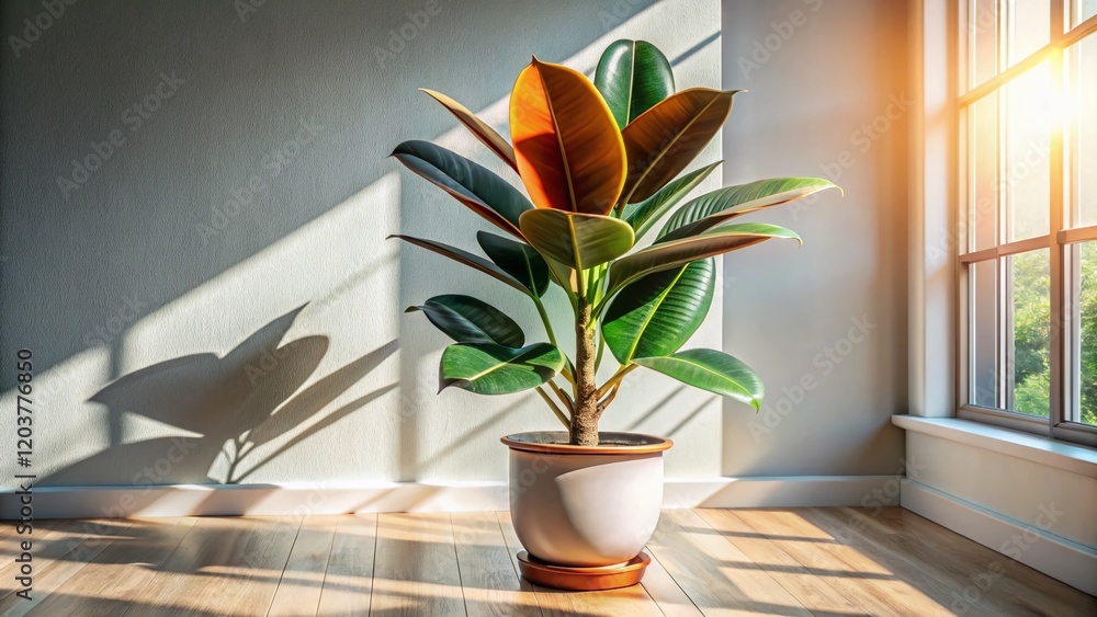 Fototapeta premium Lush Ficus Elastica Houseplant in Ceramic Pot, Bright Interior Design