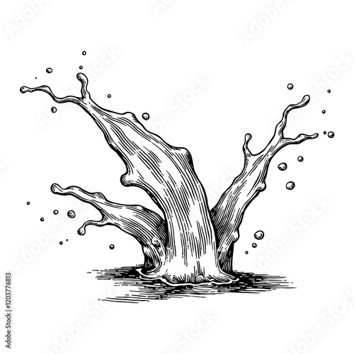 Water Splash with Engrave Detailed Black and White Outline Line Art Drawing and Droplet Effect