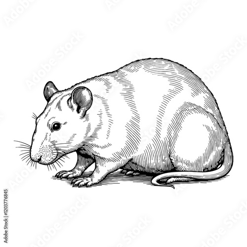 Rat Side View Detailed Black and White Outline Line Art Drawing with Engrave Style