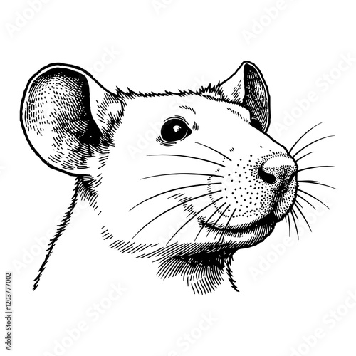 Rat Head Portrait with Detailed Black and White Outline Line Art Drawing of Small Animal
