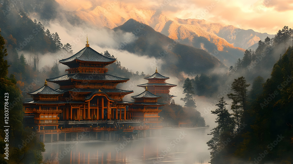 Fototapeta premium Misty Mountain Temple Sunrise, Peaceful Asia