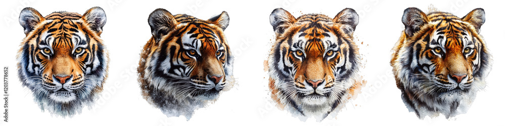 Obraz premium Dynamic Watercolor Portrait of a Tiger Showcasing Striking Stripes in Vibrant Colors and Detailed Stitched Texture