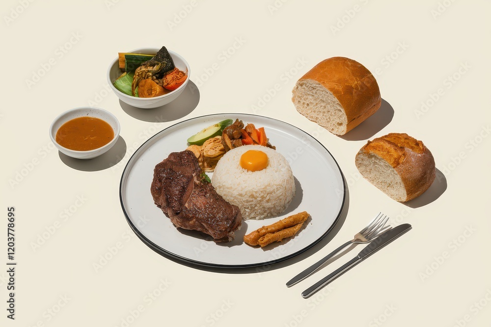 Delicious Steak Rice Dish with Sides and Bread Delicious Steak Rice Dish with Sides and Bread