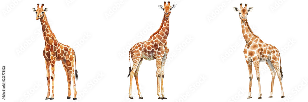 Obraz premium Unique Watercolor Giraffe Clipart Collection Showcasing Individuality in Stitched Design for Artistic Projects