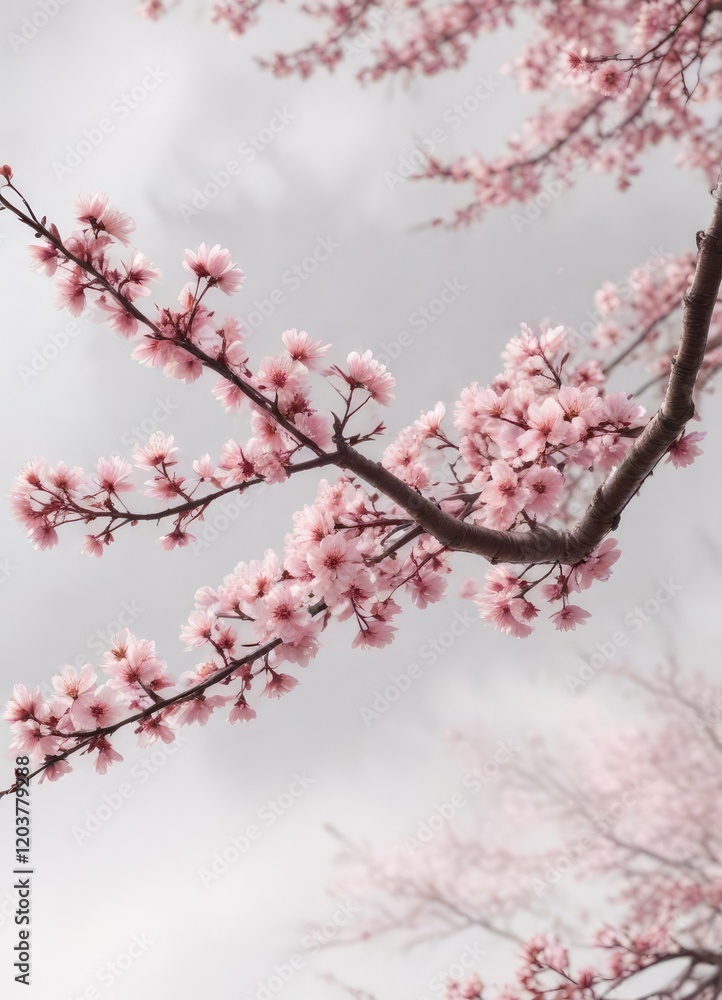 A majestic sakura tree with delicate pink petals and intricate branch details against a soft white background, with a subtle hint of fog , cherry blossom, nature