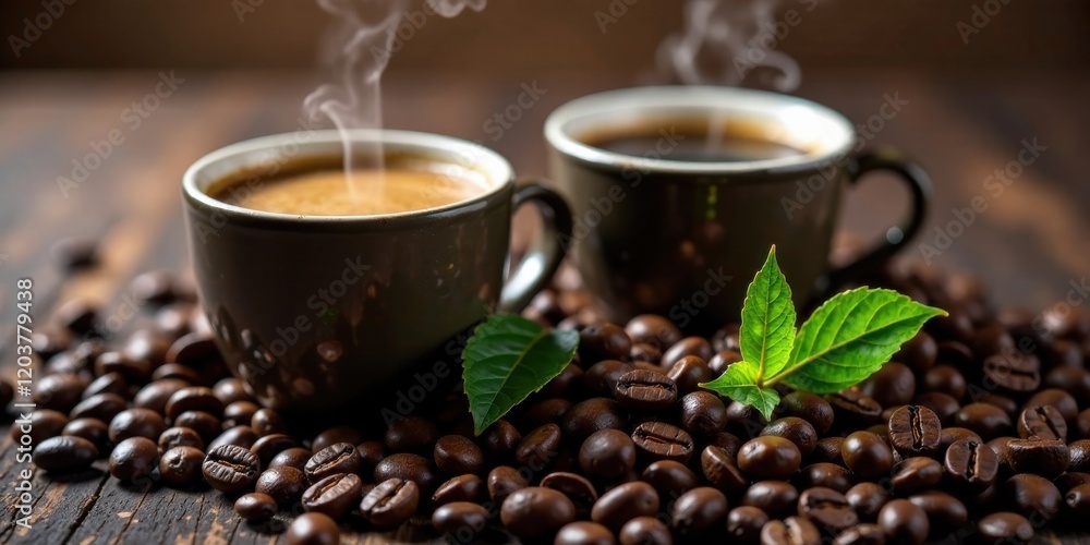 Fototapeta premium Two steaming cups of dark roasted coffee nestled amongst aromatic coffee beans and vibrant green leaves on a rustic wooden surface, inviting a moment of quiet contemplation and warm enjoyment.