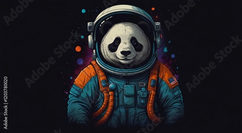 T-shirt design with panda bear astronaut in an astronaut costume. Colorful print design of bea photo