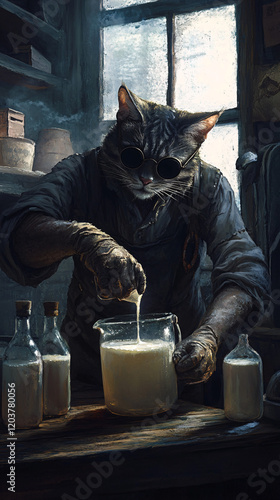 Whimsical Illustration of a Humanoid Cat Pouring Milk into Glass Bottles in a Rustic and Surreal Setting, Highlighting Creativity and Fantasy photo