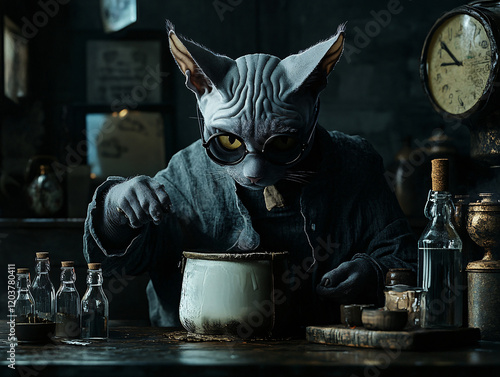 Whimsical Illustration of a Humanoid Cat Pouring Milk into Glass Bottles in a Rustic and Surreal Setting, Highlighting Creativity and Fantasy photo