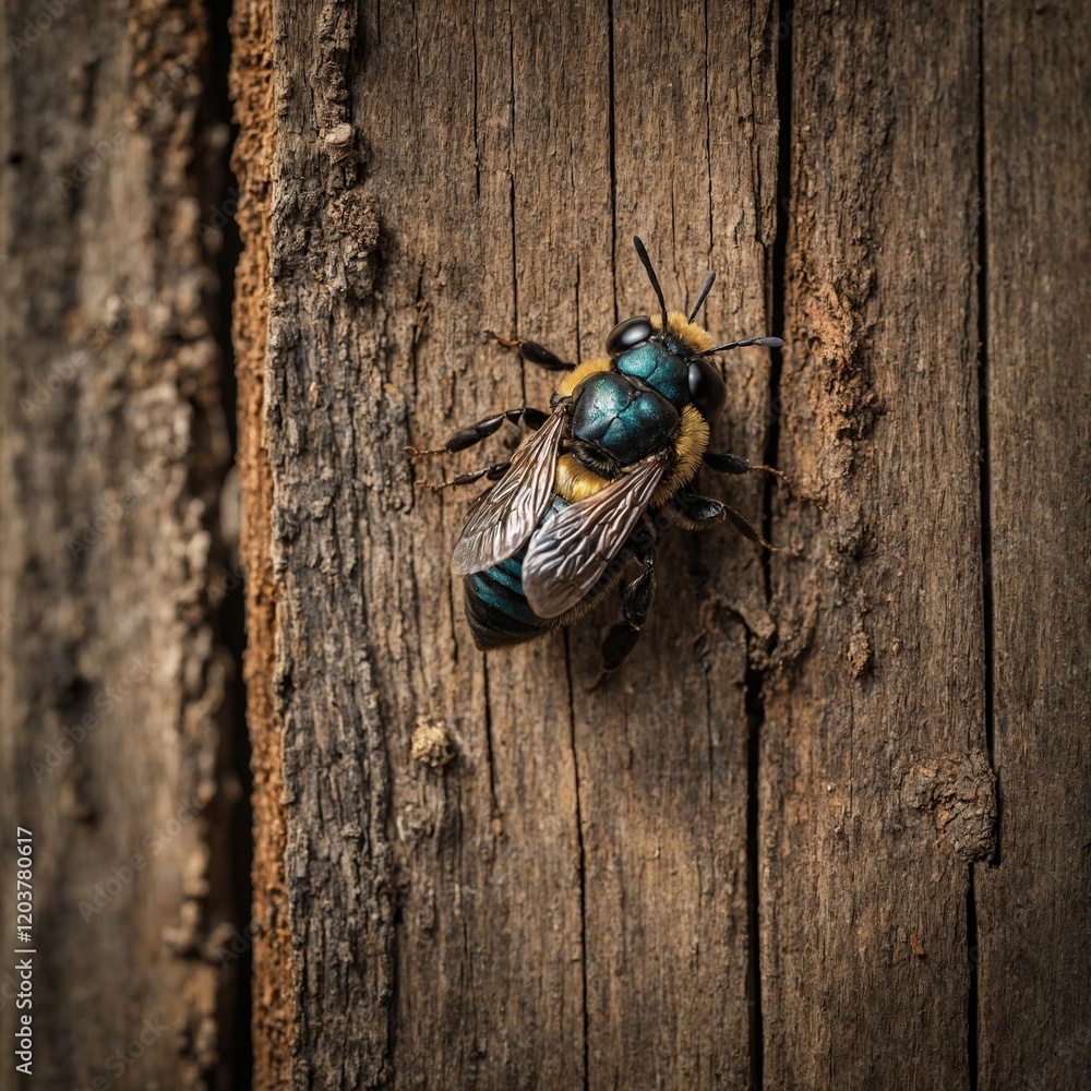 A carpenter bee drilling into a weathered piece of wood with a rustic garden scene. A carpenter bee drilling into a weathered piece of wood with a rustic garden scene.