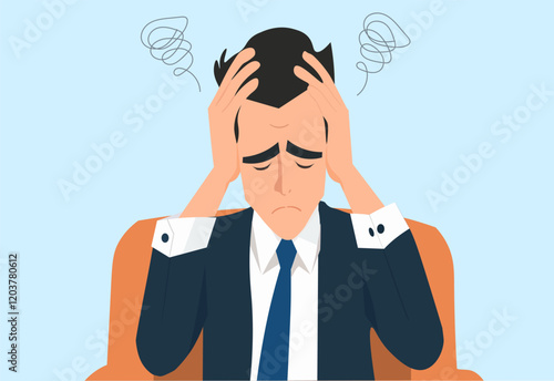 frustrated businessman holding his head sitting alone in a work chair. Failure or depression, stupidity, stress and anxiety on failure concept.