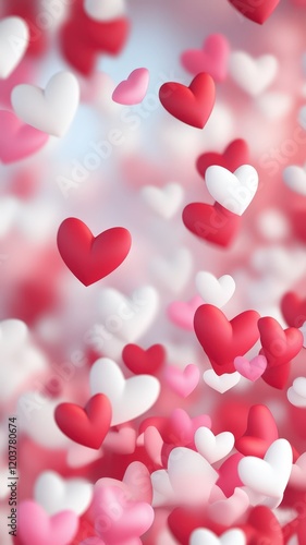 Romantic valentine's day background with many red, pink and white hearts floating