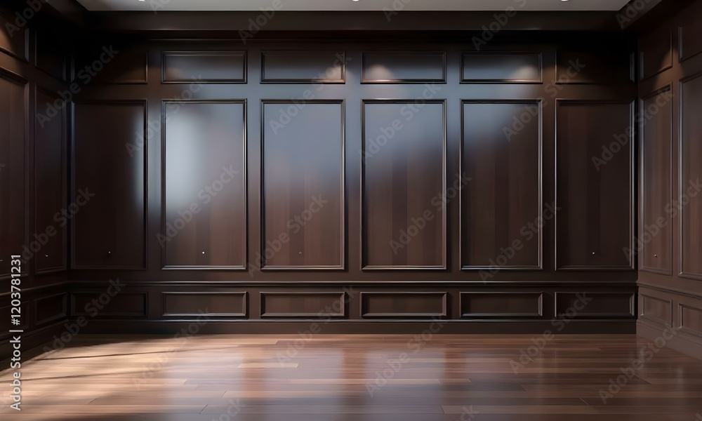 Obraz premium Dark wooden wall panels have a smooth finish, vertical grooves, and a polished wooden floor. The lighting creates a warm ambiance, highlighting the texture of the wood
