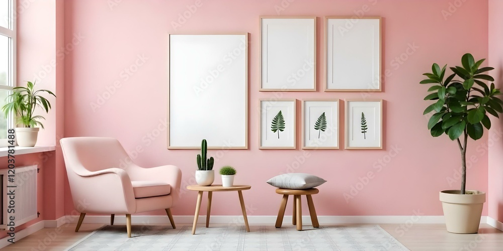 Fototapeta premium A cozy interior scene featuring a pink wall adorned with three empty frames and two framed botanical prints of ferns.