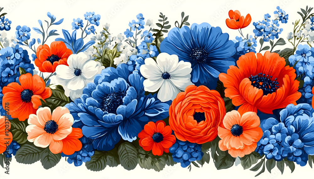 Fototapeta premium Blue, orange floral border; seamless textile pattern
