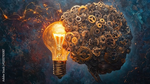 Mechanical brain made of intricate gears fused with a glowing light bulb on a textured dark background, symbolizing the fusion of intelligence, creativity, and innovation. Problem solving. photo