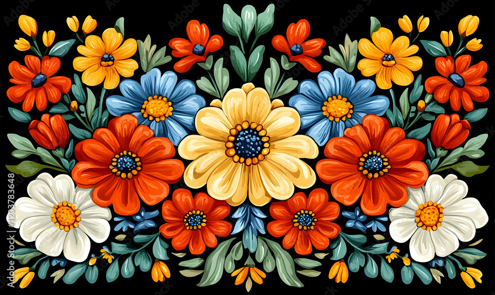 Vibrant floral border, dark background, textile design Vibrant floral border, dark background, textile design