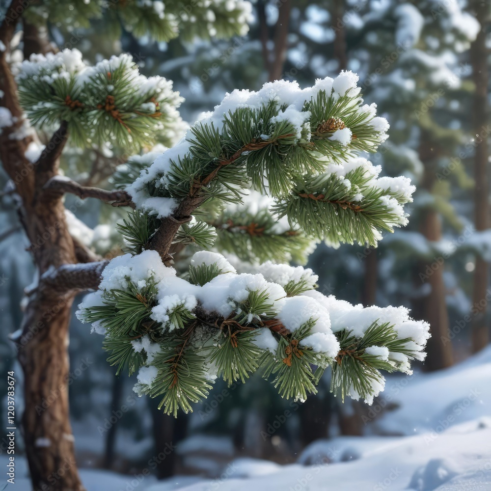 A pine tree branch with snow falling in a frosty winter scene, snowfall, frosty A pine tree branch with snow falling in a frosty winter scene, snowfall, frosty