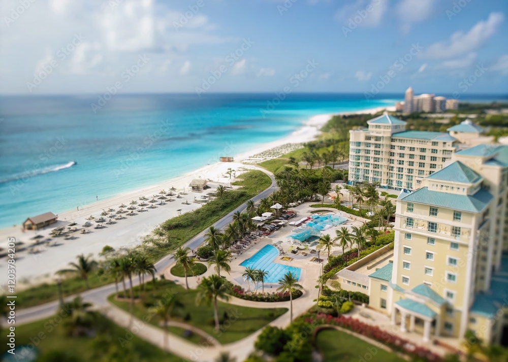 Fototapeta premium Luxurious Island Resort Hotel, Stunning Blue Sky, Tilt-Shift Photography