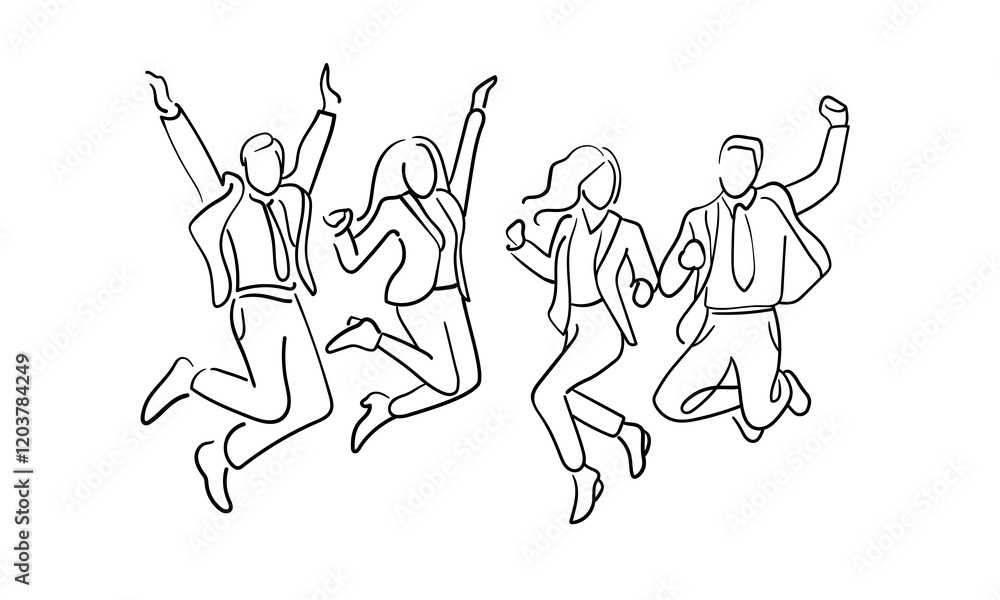 Happy work team continuous line art drawing isolated on blue background. Jumping office friends line art. Vector illustration Happy work team continuous line art drawing isolated on blue background. Jumping office friends line art. Vector illustration