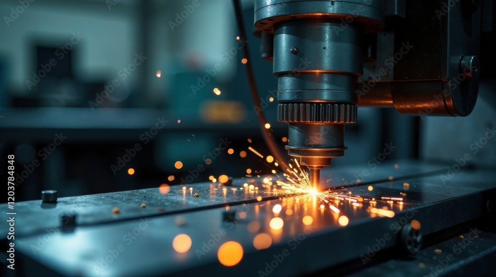 Precise Industrial Metalworking A Close-Up View of a High-Precision Machining Process in Action, Showcasing Sparks and Detail Precise Industrial Metalworking A Close-Up View of a High-Precision Machining Process in Action, Showcasing Sparks and Detail