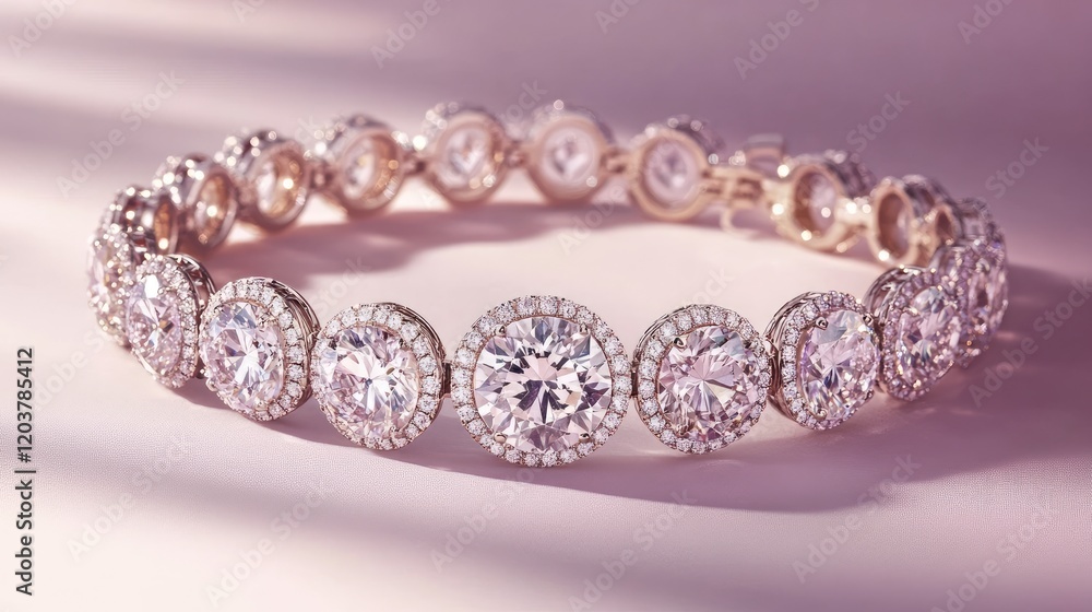 A dazzling diamond bracelet with a circular centerpiece on a pale lilac background. A dazzling diamond bracelet with a circular centerpiece on a pale lilac background.