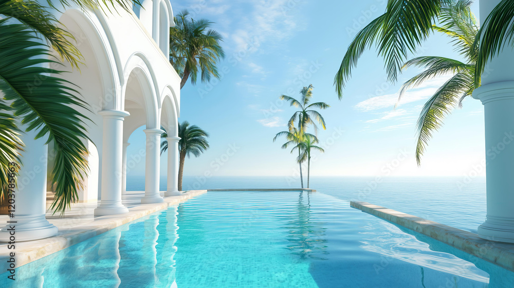 Fototapeta premium Luxurious Mediterranean-inspired architecture with white arched columns, an infinity pool overlooking a calm blue sea, tropical palm trees surrounding the area, bright sunlight reflecting on the water