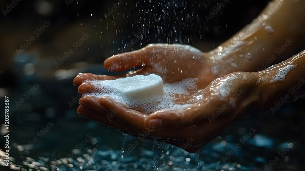 Fototapeta premium Hands Being Washed Under Running Water With Soap Cleansing and Refreshing