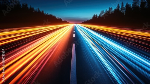 Night Drive:  A symphony of light trails on a highway cutting through a dark forest at twilight, capturing the vibrant energy of motion and speed.