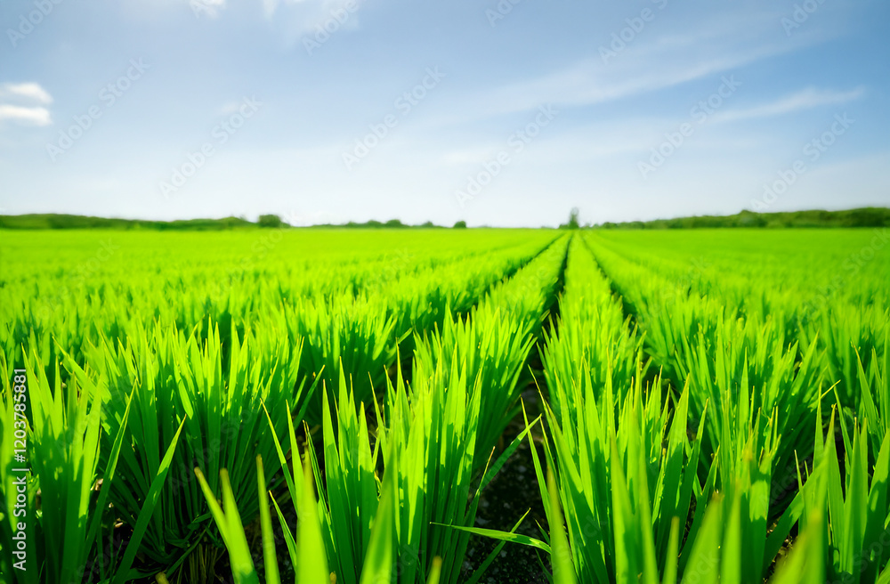Obraz premium Lush rice field with neat rows of greenery stretching to the horizon under a bright sunny sky. Selective focus, blurred background.
