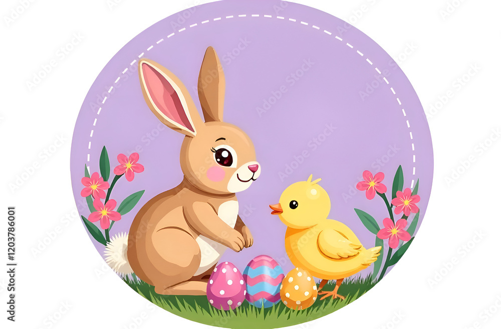 Greeting card Happy Easter. Images of the Easter bunny, little chick, Easter eggs and flowers on a purple background. Happy Easter inscription Template with Happy Easter Greeting card Happy Easter. Images of the Easter bunny, little chick, Easter eggs and flowers on a purple background. Happy Easter inscription Template with Happy Easter