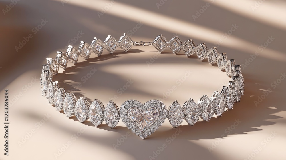 A diamond bracelet with a heart-shaped centerpiece on a soft beige background. A diamond bracelet with a heart-shaped centerpiece on a soft beige background.