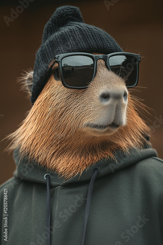 A stylish capybara wearing black sunglasses and a knitted beanie, dressed in a casual hoodie, posing against a neutral background, anthropomorphic animal, humorous concept, modern fashion  photo