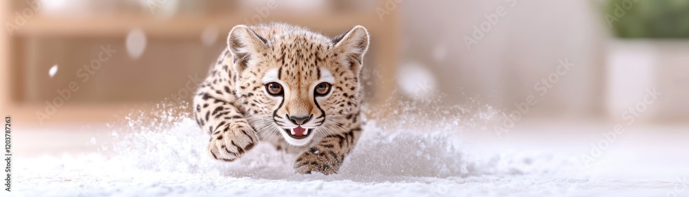 Fototapeta premium Adorably fast A cheetah cub's playful sprint across a soft, white surface This image captures the essence of cheetah speed, even in a domestic setting Its streamlined body, perfectly designed for