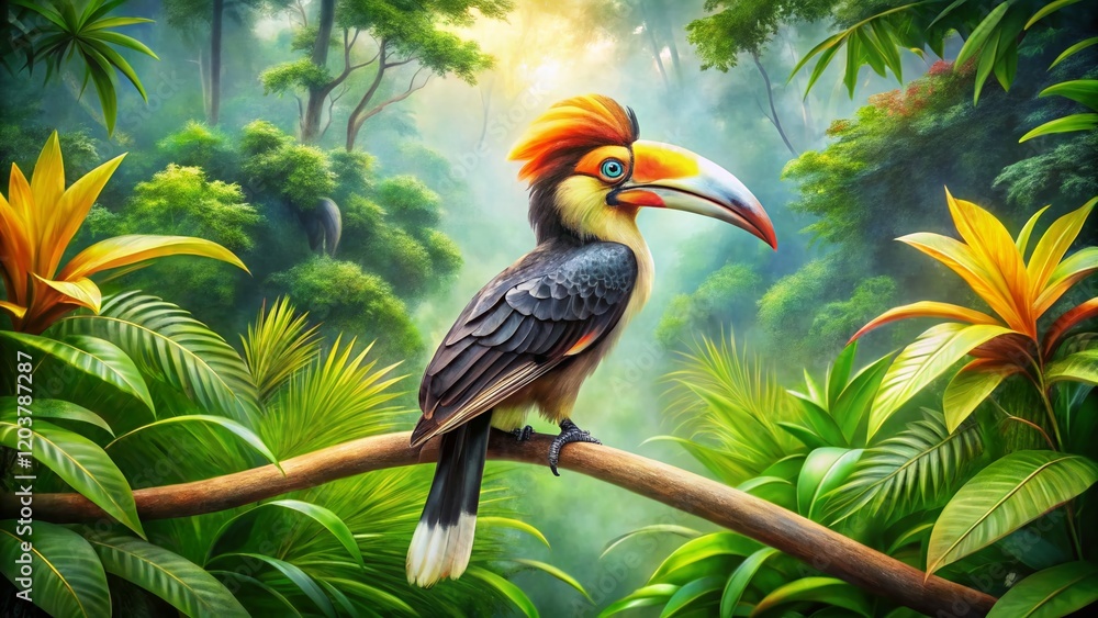 Obraz premium Luzon Hornbill Watercolor Painting, Philippine Bird on Branch, Artistic Wildlife Stock Photo