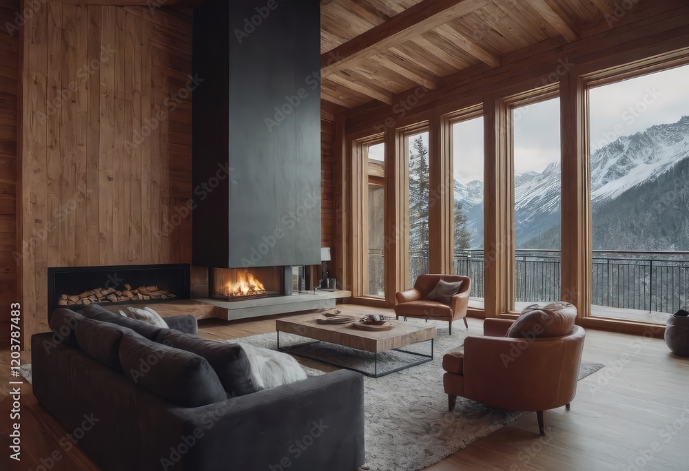 A cozy living room with a fireplace and majestic mountains behind A cozy living room with a fireplace and majestic mountains behind