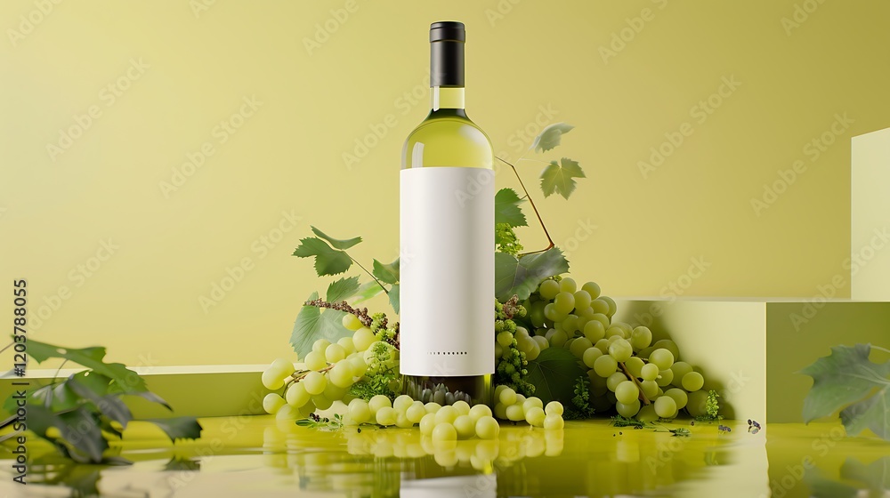Fototapeta premium Elegant white wine bottle surrounded by fresh green grapes on a vibrant yellow backdrop