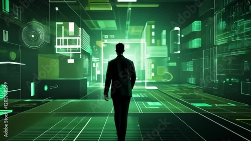 Man is walking into luminous green digital landscape, its evoking themes of data analysis, cyber security, futuristic technology. Virtual reality, artificial intelligence.