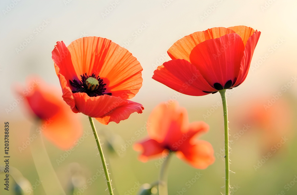 Fototapeta premium Bright red poppies illuminated by sunlight standing gracefully in a soft-focus meadow perfect for botanical photography, floral decor, and nature-inspired designs. Selective focus