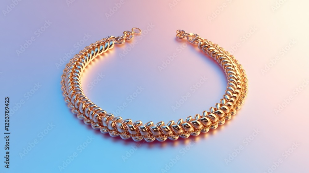 Obraz premium A gold necklace with intricate patterns arranged on a gradient sky blue and white background.