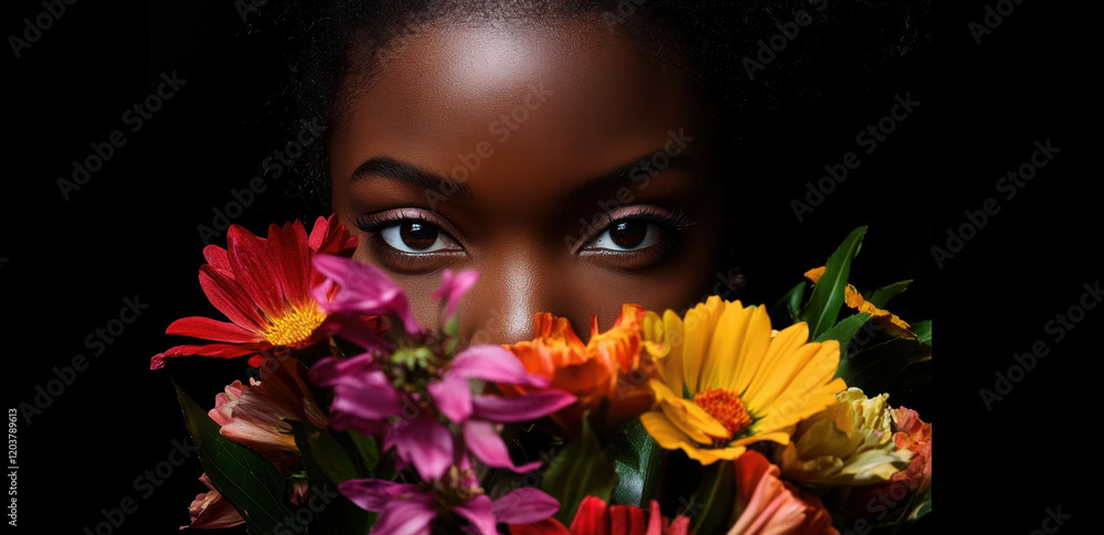 In a captivating close-up, a woman with beautiful features partially conceals her face behind a colorful bouquet of fresh flowers. In a captivating close-up, a woman with beautiful features partially conceals her face behind a colorful bouquet of fresh flowers.
