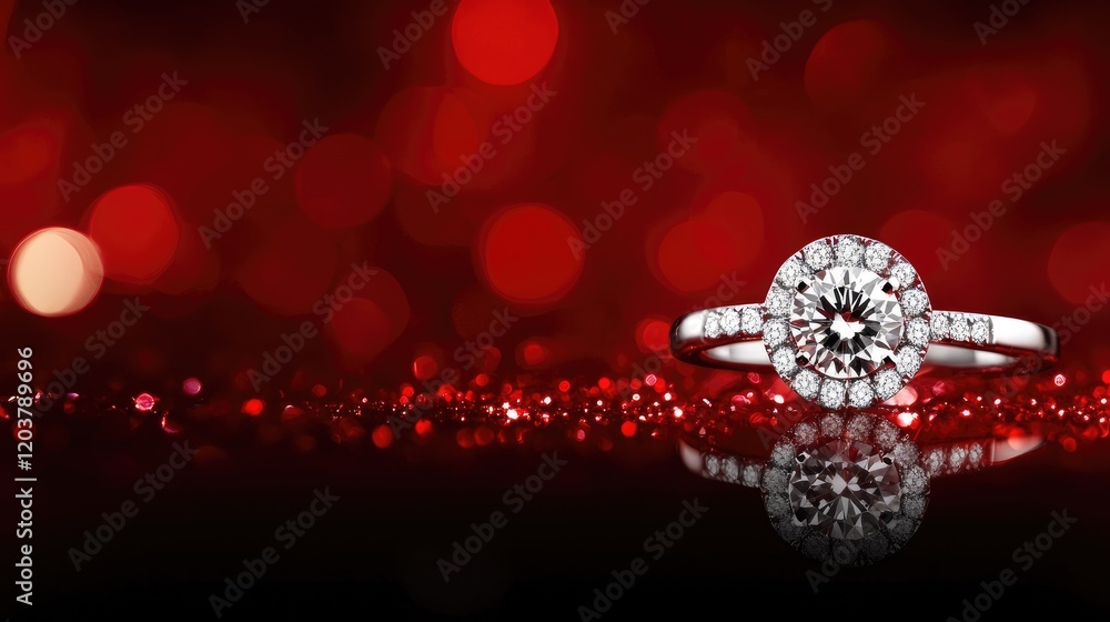 A halo diamond ring on a gradient red and black background with light highlights. A halo diamond ring on a gradient red and black background with light highlights.