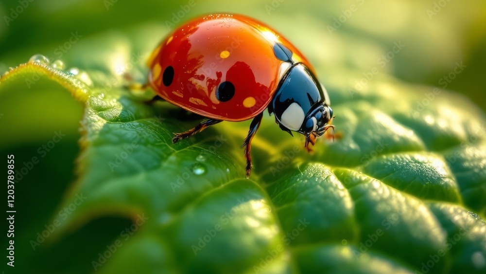 Extreme close-up of a red ladybug with black spots on a green leaf with water droplets under soft natural light Extreme close-up of a red ladybug with black spots on a green leaf with water droplets under soft natural light