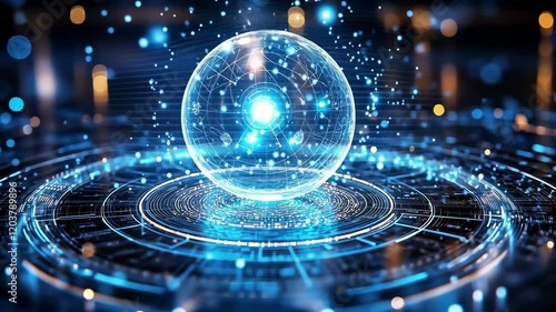 Futuristic digital sphere on glowing tech interface with dynamic light effects